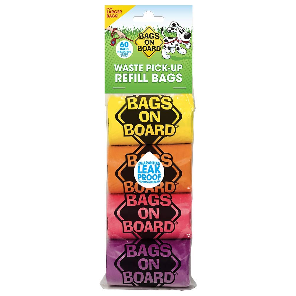 A pack of Bags on Board waste pick up bags in a rainbow color scheme