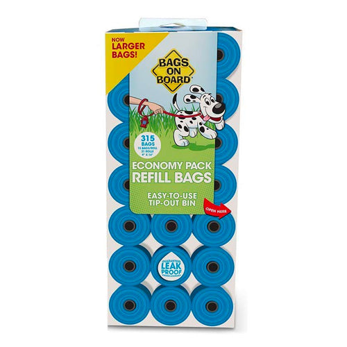 A pack of blue 315 Waste pick up bags for dog