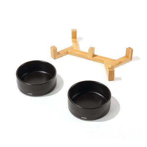 M - PETS OPERA Ceramic Bowls with Bamboo Stand - Pooch Pet Stores