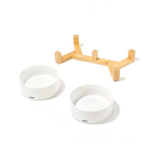 M - PETS OPERA Ceramic Bowls with Bamboo Stand - Pooch Pet Stores