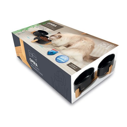 M - PETS OPERA Ceramic Bowls with Bamboo Stand - Pooch Pet Stores